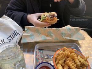 Fries and peri peri burger at Lekka Burger in New York City