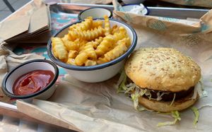 Lekka Burger (pretty good) and fries (great). at Lekka Burger in New York City