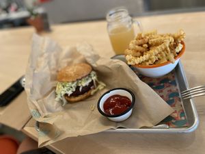 Lekka Burger, Cheese Fries and a beer.  Lunch of heros! at Lekka Burger in New York City