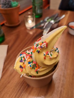 Mango vanilla swirl soft serve with rainbow sprinkles at Lekka Burger in New York City