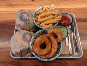 Onion rings, fries, and burgers at Lekka Burger in New York City