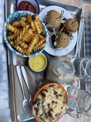 Curry fries, chili cheese fries, sliders, cheeseburger   at Lekka Burger in New York City