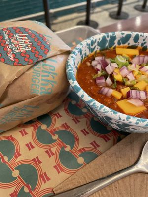 Cheeseburger and a bowl of chili  at Lekka Burger in New York City