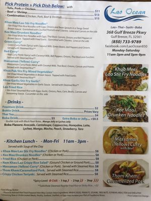 Menu options  at Lao Ocean in Gulf Breeze