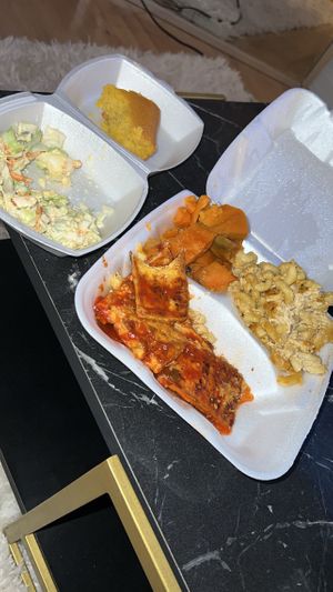 Coleslaw, cornbread, candy yams, Mac n cheese, with BBQ Tofu as the entree   at Soul Vegetarian - South in Atlanta