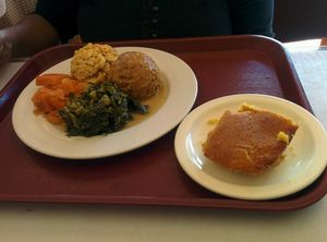 veg buffet plate with cornbread at Soul Vegetarian - South in Atlanta