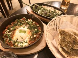 Shakshuka and roast hot pepper   at TLV Eatery in Budapest