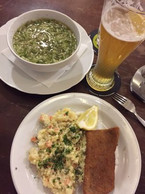 the daily menu, wheat beer, and czech style cucumber salad at Vegalite in Brno