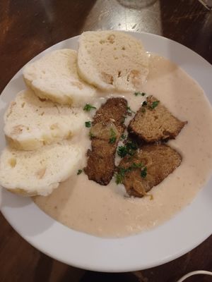 Lunch menu of the day: saitan roast in horseradish sauce with bread dumplings at Vegalite in Brno
