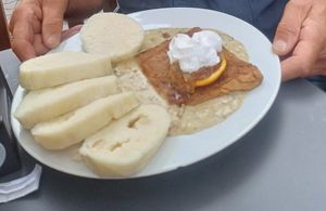 Vegan steak with dumplings and mushroom sauce at Vegalite in Brno
