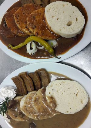Pub Robi Goulash & Robi steak in creamy sauce with wild mushrooms at Vegalite in Brno