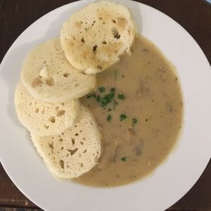 Oyester mushroom in cream sauce with dumplings at Vegalite in Brno