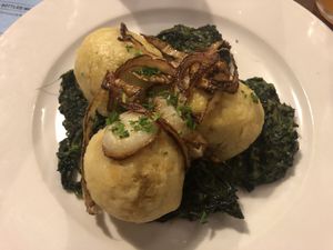 Dumplings with tempeh and spinach  at Vegalite in Brno