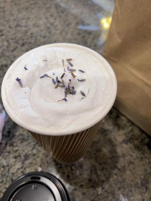 Lavendar latte with oatmilk and coconut whipped cream #Veganuary at Café Crêpe in Big Bear Lake