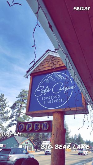 Their sign and cute little winter lights  at Café Crêpe in Big Bear Lake
