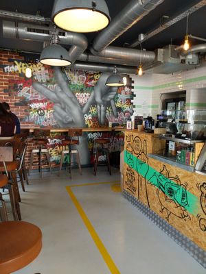 Bar and seats at Végéman in Strasbourg