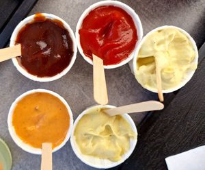 BBQ, Ketchup,  Veganaise,  Aioli and Samourai  sauces at Végéman in Strasbourg