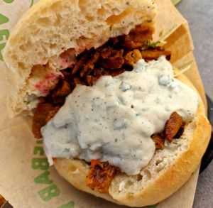 Seitan kebab with cilantro white sauce and veggies at Végéman in Strasbourg