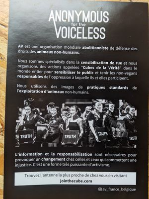Advertisment for Anonymous for the Voiceless at Végéman at Végéman in Strasbourg