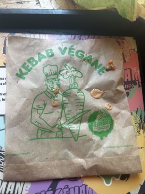 Cool logo and minimal sauce leakage from the kebab  at Végéman in Strasbourg