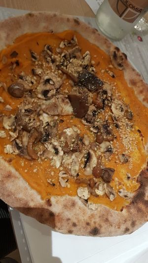 Vegan pizza with pumpkin cream, mushrooms and seeds. Delicious! at Il Melograno in Trieste