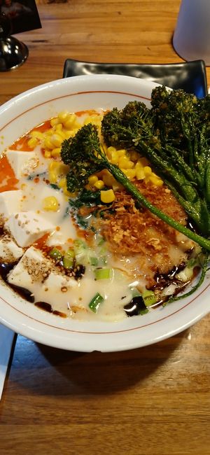 Vegan white ramen, white is from cabbage, so much flavor.  Added broccolini and corn, which is a must for sweetness!!! at JINYA Ramen Bar in Santa Monica
