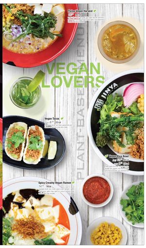 Vegan page on the menu showing four mains: the Flying Vegan Harvest, Spicy Creamy Vegan Ramen, Vegan Tacos, and the Vegan Rice Bowl. at JINYA Ramen Bar in Santa Monica