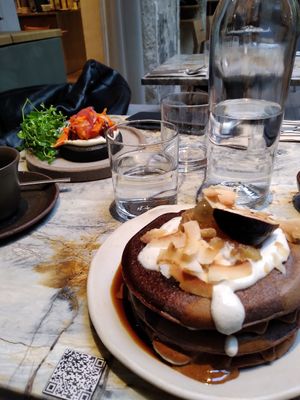 Carrot Lox & blue corn pancakes at MESA Restaurant in Paris