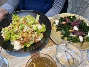 Salad with cauliflower, quinoa base with kale, mushrooms and cheese at MESA Restaurant in Paris