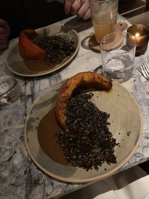 Butternut Squash with black quinoa and spicy peanut sauce.  at MESA Restaurant in Paris