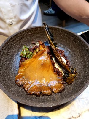 Land and Sea (black rice, smoked almond butter, oyster mushroom, crispy dulse, cultured sour cream, kombucha chimichurri) at MESA Restaurant in Paris