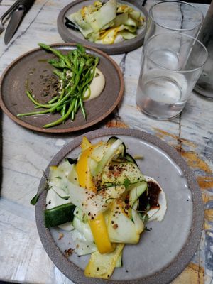 Wild asparagus and zucchini starter at MESA Restaurant in Paris