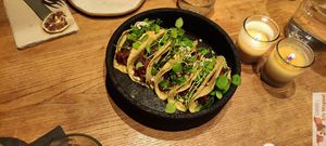 STARTER
Fermented buckwheat blini
Blini, lemon cream cheese, beechwood-smoked carrots, dill & pink berries at MESA Restaurant in Paris