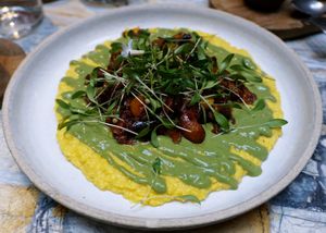 Caponata, purée de maïs at MESA Restaurant in Paris