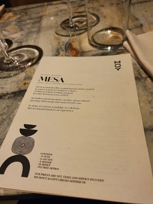 Menu front page at MESA Restaurant in Paris