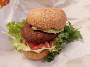 Hamburger beyond at Peacefood Cafe in Montpellier
