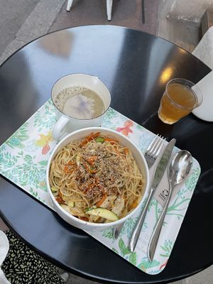 Mushroom soup and Asian noodles   at Peacefood Cafe in Montpellier