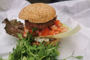 Burger with vegan cheddar at Peacefood Cafe in Montpellier