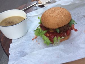 Beyond meat burger and mushroom soup at Peacefood Cafe in Montpellier