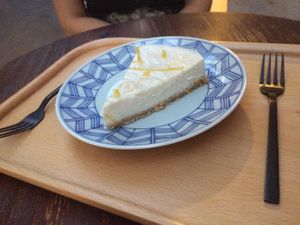 Lemon cheesecake at Peacefood Cafe in Montpellier