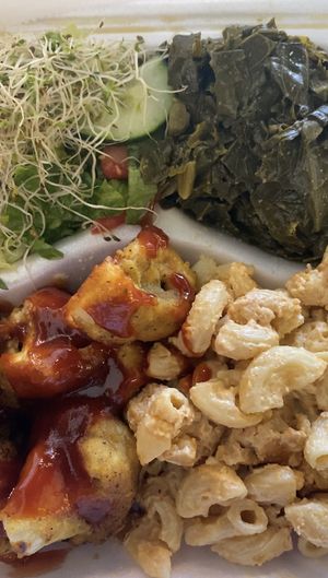BBQ cauliflower with collard greens and mac n cheeze, side salad and cornbread included   at Soul Vegetarian - Highland in Atlanta