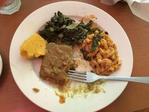 country baked steak, mac and cheese, collards, cornbread  at Soul Vegetarian - Highland in Atlanta