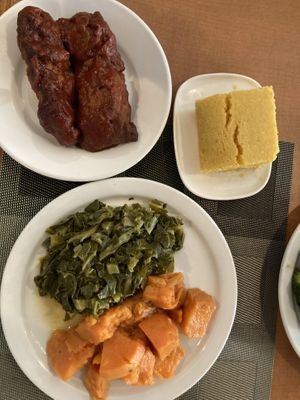 BBQ kalebone (made from wheat gluten), cornbread, sweet potatoes, collard greenss  at Soul Vegetarian - Highland in Atlanta