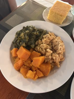 Collard greens, sweet potatoes, Mac & Cheese:)   at Soul Vegetarian - Highland in Atlanta