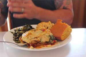 Lasagna, mac & cheese, greens, and cornbread. That lasagna was the BEST at Soul Vegetarian - Highland in Atlanta