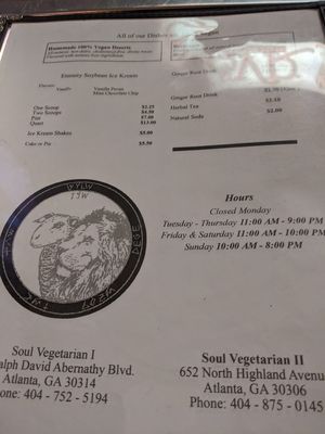 Menu at Soul Vegetarian - Highland in Atlanta