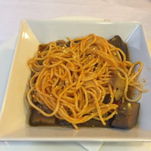 caponata de berenjena con pasta at Landare in San Sebastian
