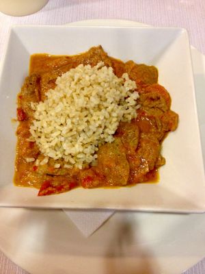 Main dish with soymeat and tomato sauce  at Landare in San Sebastian