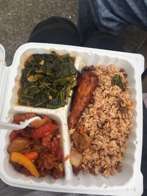 Rice & beans, greens, sausage with vegetables   at Vege Kingdom Cafe in Newark
