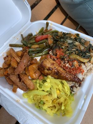 platter of the day- seitan chik’n, chik’n leg, cabbage, green beans, pak choy and peas and rice  at Vege Kingdom Cafe in Newark